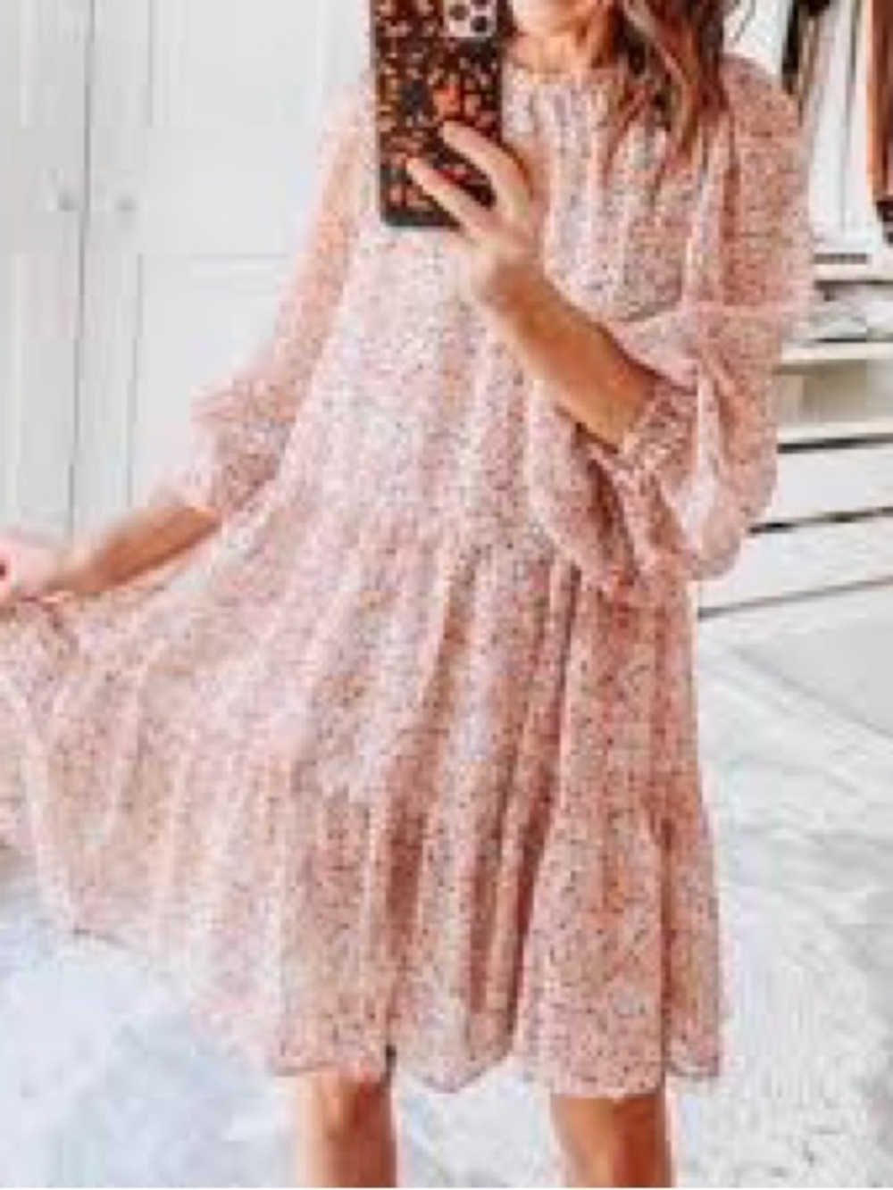 H&M Blush Pink Floral Tiered Midi Dress